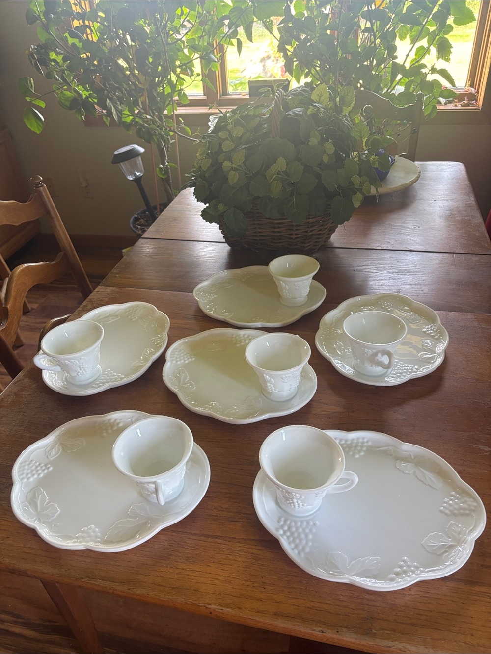 Vintage Indiana Glass Set of 6 Harvest Grape pattern white milk glass snack set